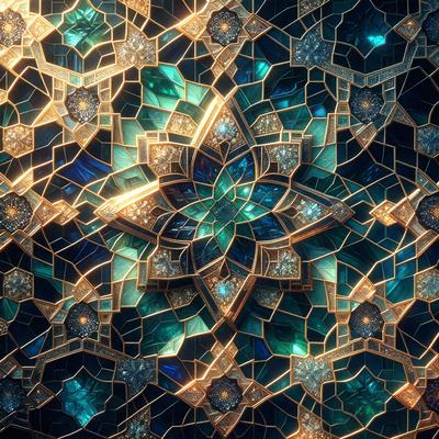 The primary subject of the image is a beautifully crafted mosaic design, featuring a large blue and gold star. The setting is a close-up of the mosaic, showcasing its intricate details. The visual style is a combination of digital art and illustration, creating a vibrant and captivating pattern. The colors and mood of the image are predominantly blue and gold, giving it a warm and inviting atmosphere.